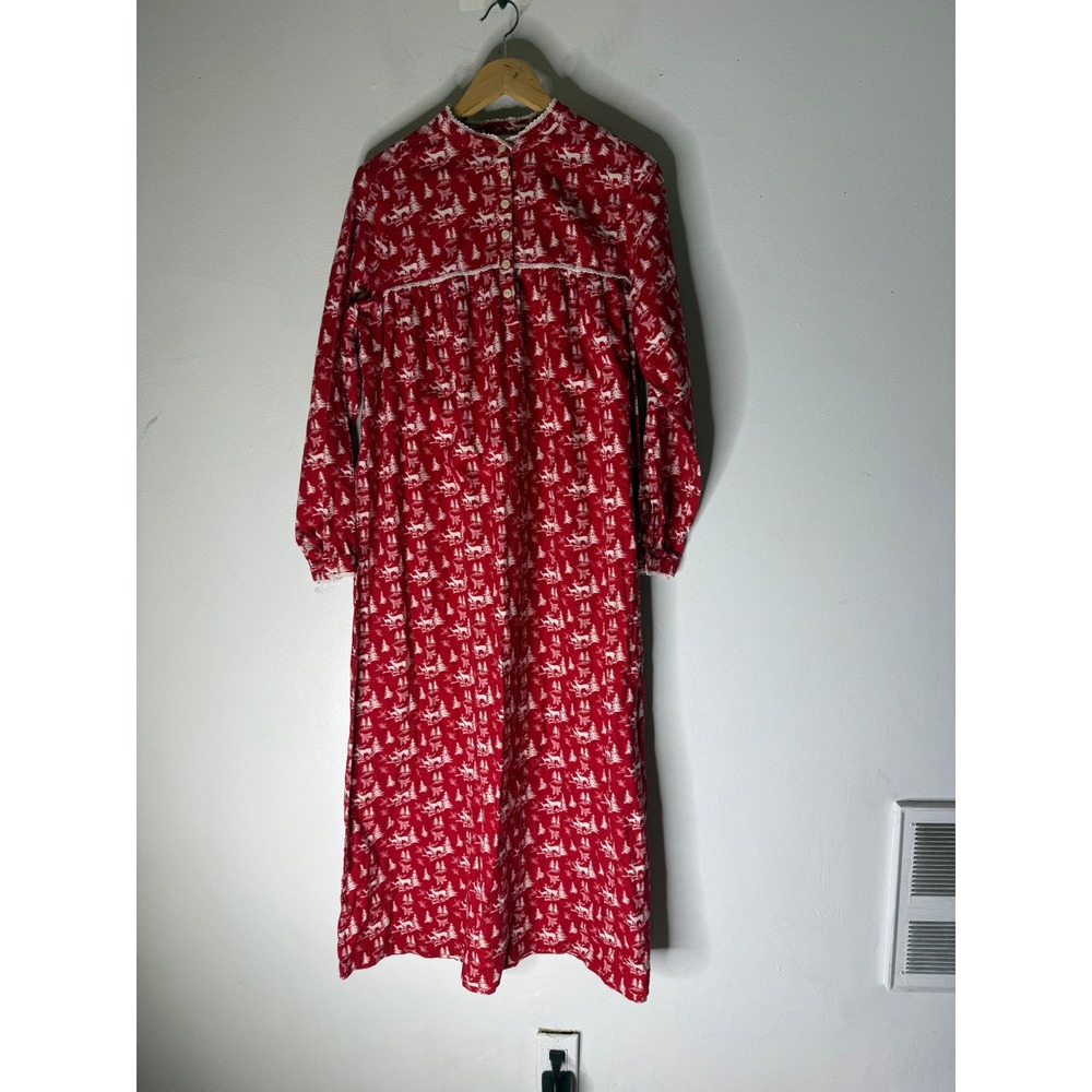 LL Bean Flannel Nightgown Red Reindeer Cotton Lace Trim Long Sleeve Small Reg